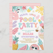 Peace Love Pool Party Groovy Summer Pool Birthday Kaart (Voorkant / Achterkant)