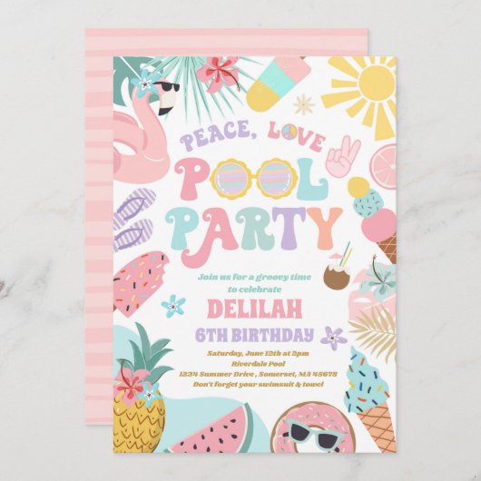 Peace Love Pool Party Groovy Summer Pool Birthday Kaart (Voorkant / Achterkant)