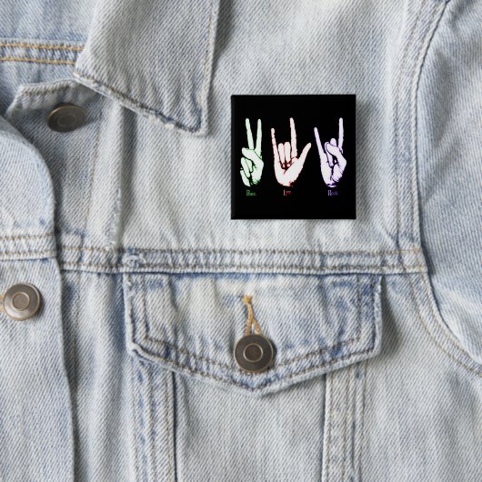 Peace Love Rock Sign Language Black Button (In situ)