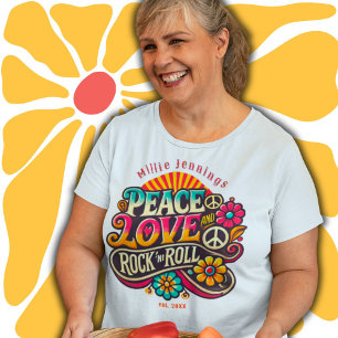 Peace Love RocknRoll Retro 70s Psychedelic Grote Maat T-shirt