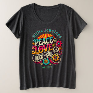 Peace Love RocknRoll Retro 70s Psychedelic Grote Maat T-shirt