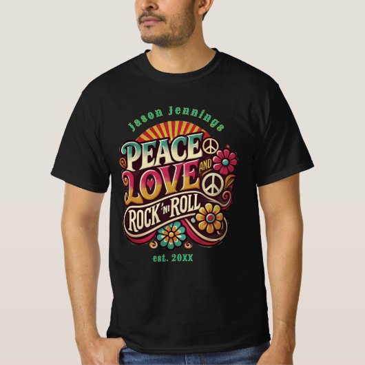 Peace Love RocknRoll Retro 70s  Psychedelic T-shirt (Voorkant)
