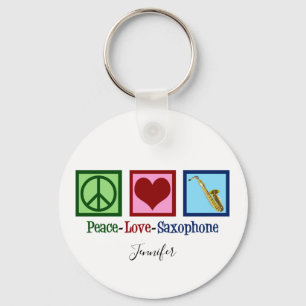 Peace Love Saxophone Cute Monogram Blue Sleutelhanger