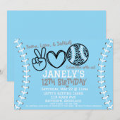 Peace Love Softbal verjaardagsuitnodiging Kaart (Voorkant / Achterkant)