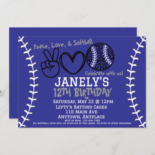 Peace Love Softball Anniversaire Invitation (Devant / Derrière)