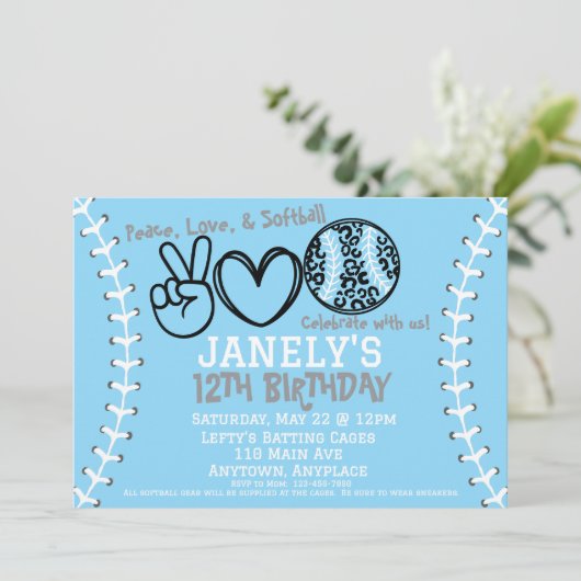 Peace Love Softball Anniversaire Invitation (Debout devant)