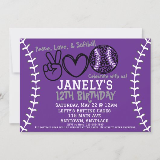 Peace Love Softball Anniversaire Invitation (Devant)