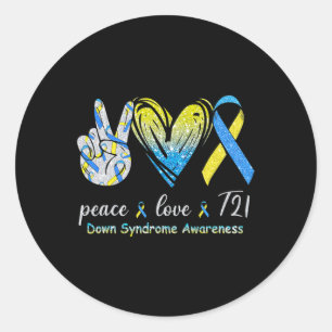 Peace Love T21 Down Syndrome Awareness Blue Yellow Ronde Sticker