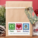 Peace Love tir à l'arc Custom Christmas<br><div class="desc">Bons autocollants-cadeaux personnalisés pour le tir à l'arc. Belle auto-collant personnalisé Peace Love Archery avec un signe vert de paix,  un coeur rouge et une cible pour un archer.</div>