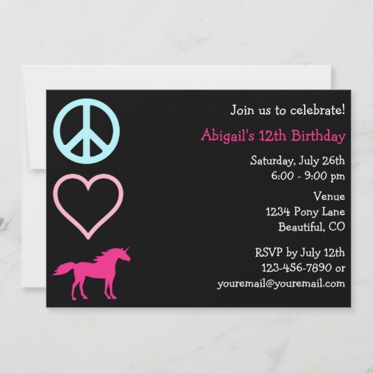 Peace Love Unicorns Invitation d'anniversaire de l (Devant)