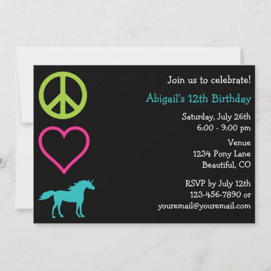 Peace Love Unicorns Invitation d'anniversaire de l (Devant)