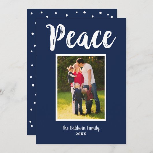Peace Navy Blauw Geborsteld Script Foto Feestdagenkaart (Voorkant / Achterkant)