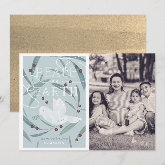 Peace on Earth Dove Carte bleue photo de Noël (Devant / Derrière)