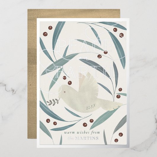 Peace on Earth Dove Cream Silver Foil Carte de vac (Recto/Verso)