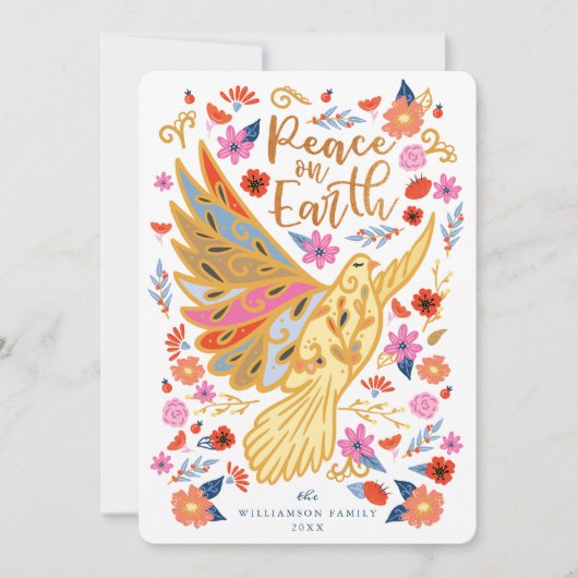 Peace on Earth Dove Floral Folk Art White Feestdagenkaart (Voorkant)