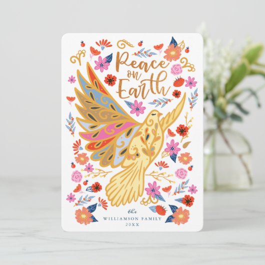 Peace on Earth Dove Floral Folk Art White Feestdagenkaart (Staand voorkant)