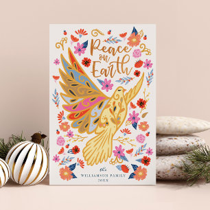 Peace on Earth Dove Floral Folk Art White Feestdagenkaart