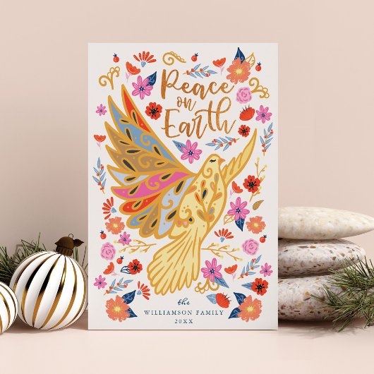 Peace on Earth Dove Floral Folk Art White Feestdagenkaart
