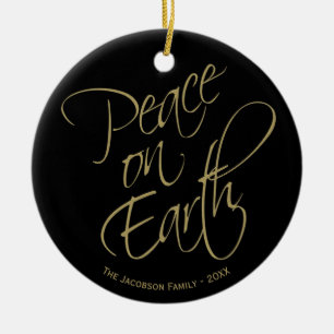 Peace on Earth Elegant Goud & Zwart Vakantie Foto Keramisch Ornament