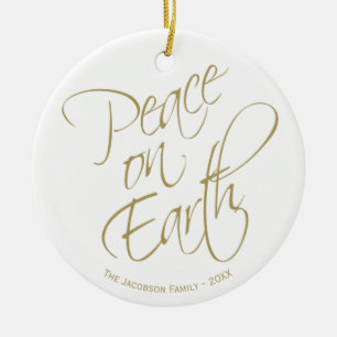 Peace on Earth Gold Script Kerstfoto Keramisch Ornament