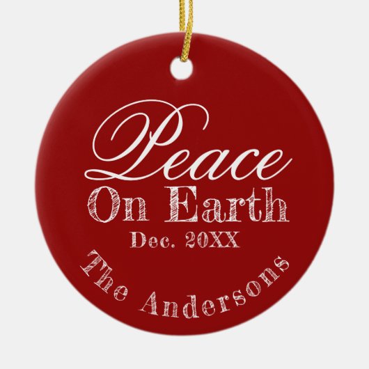 Peace On Earth Minimalist Script Christmas Red Keramisch Ornament (Voorkant)