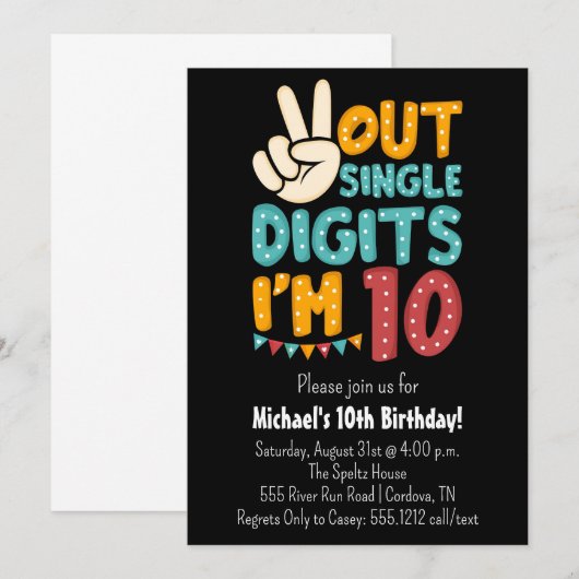Peace Out Chiffres simples Invitation 10e annivers (Devant / Derrière)