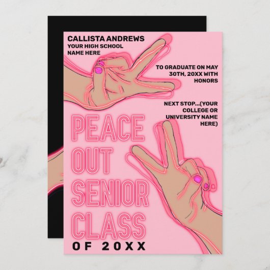 Peace Out School Pink Neon Lights Afstuderen Aankondiging (Voorkant / Achterkant)