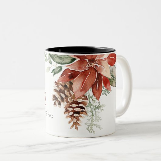 Peace Poinsettia Bunch Waterverf Pine Kerstmis Tweekleurige Koffiemok (Voorkant rechts)