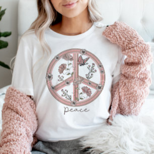 Peace Sign Boho Floral Butterfly Girly Retro T-shirt