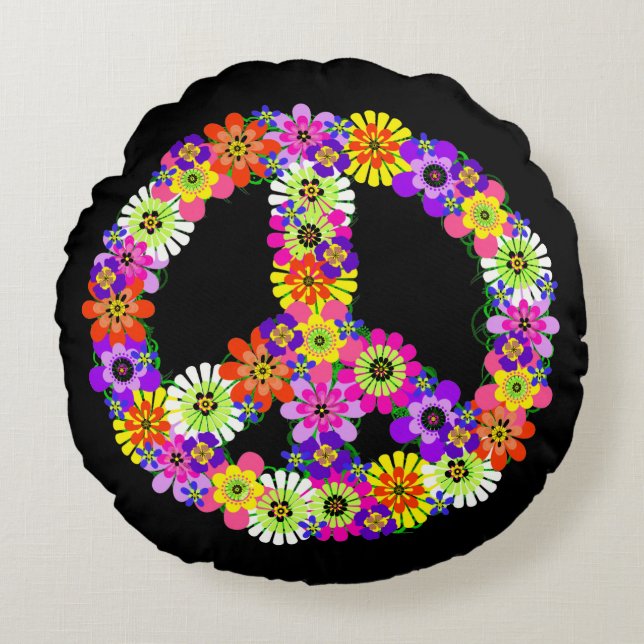 Peace Sign Floral in Black Rond Kussen (Voorkant)