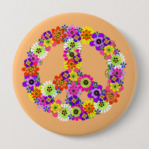 Peace Sign Floral op Peach Ronde Button 4,0 Cm