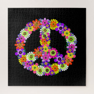 Peace Sign Floral op zwart Legpuzzel