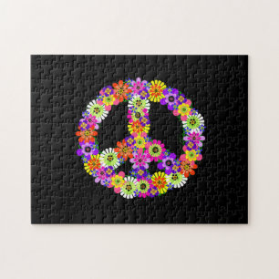 Peace Sign Floral op zwart Legpuzzel