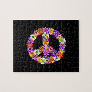 Peace Sign Floral op zwart Legpuzzel