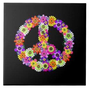 Peace Sign Floral op zwart Tegeltje