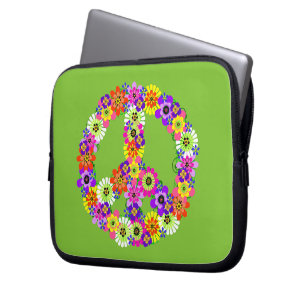 Peace Sign Floral over Lime Green Laptop Sleeve