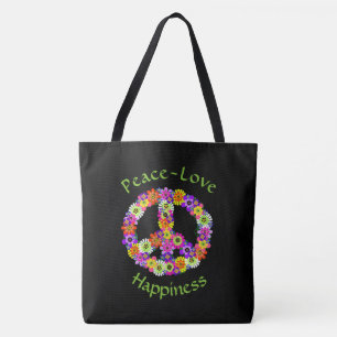 Peace Sign Floral Peace Love Happiness Canvas tas