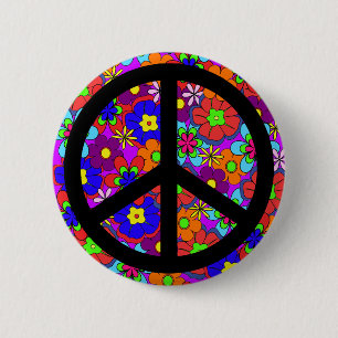 Peace Sign Hippy Flowers Retro Ronde Button 5,7 Cm