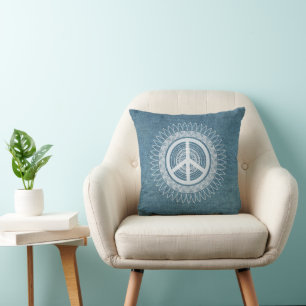 PEACE Sign Symbool Hippie Daisy Denim Jeans Blauw Kussen
