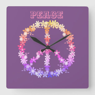 Peace sign with colorful flowers,Personalized text Vierkante Klok