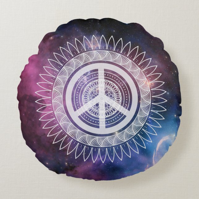 PEACE-teken symbool Mandala Space Lacy Hippie Spac Rond Kussen (Voorkant)