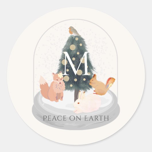 Peace Woodland Animals Sneeuw Wereldbol Monogram W Ronde Sticker (Voorkant)