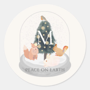 Peace Woodland Animals Snow Wereldbol Monogram Whi Ronde Sticker