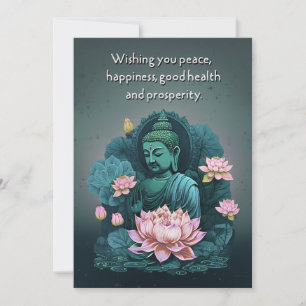 Peaceful Buddha Wenskaart met roze bloemen Feestdagenkaart