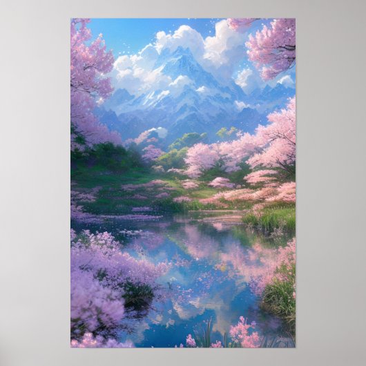 Peaceful Cherry Blossom Lake Poster (Voorkant)