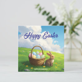 Peaceful Easter Spring Meadow Bunny & Egg Basket Feestdagenkaart