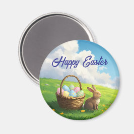 Peaceful Easter Spring Meadow Bunny & Egg Basket Magneet