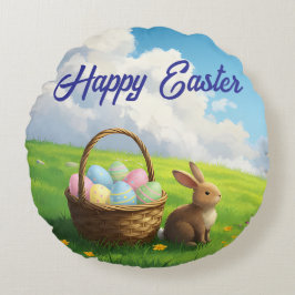 Peaceful Easter Spring Meadow Bunny & Egg Basket Rond Kussen