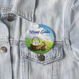 Peaceful Easter Spring Meadow Bunny & Egg Basket Ronde Button 7,6 Cm