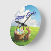 Peaceful Easter Spring Meadow Bunny & Egg Basket Ronde Klok (Hoek)